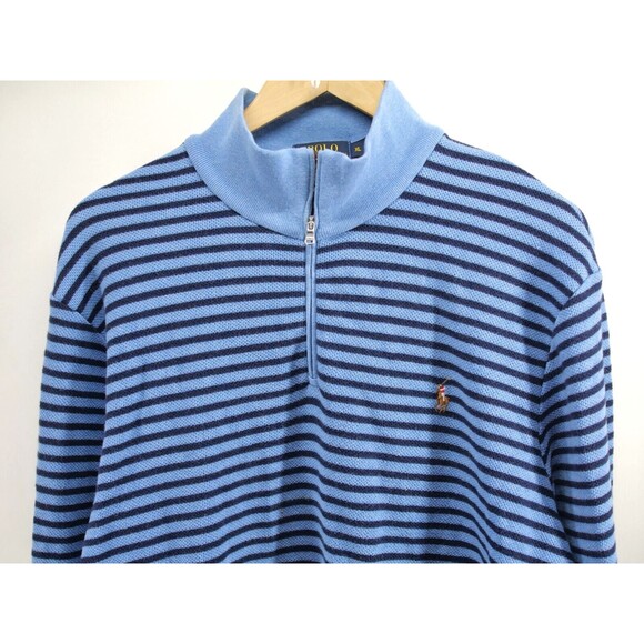 Polo‎ Ralph Lauren Men Sz XL Royal Blue Striped Knit 1/4 Zip Pullover Sweater - Picture 1 of 9